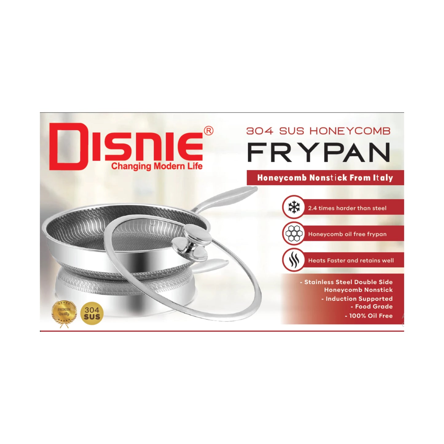 Disnie Stainless Steel Honeycomb Frypan With Lid