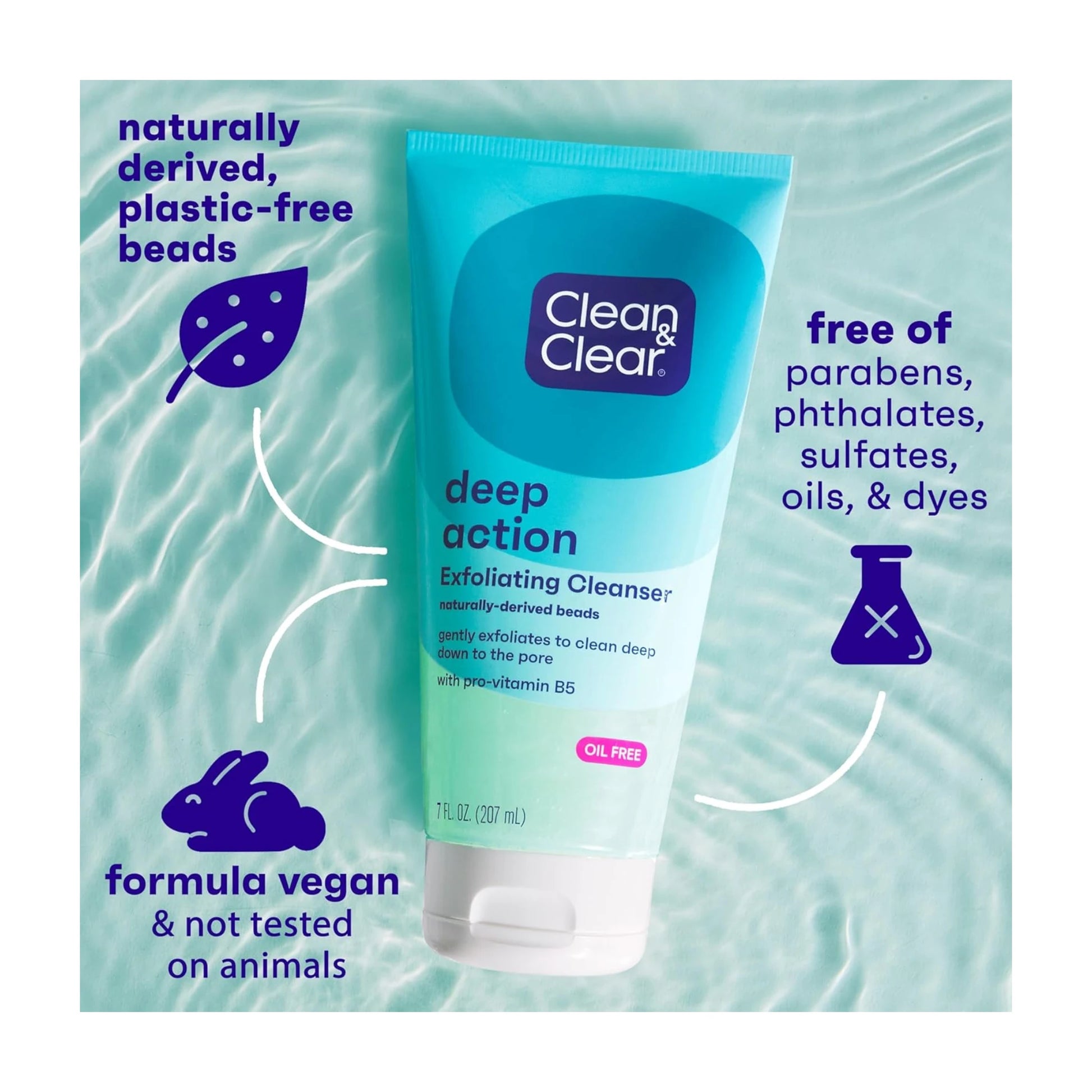 Clean & Clear Oil Free Deep Action Exfoliating Cleanser Naturally Derived Beads 207ml