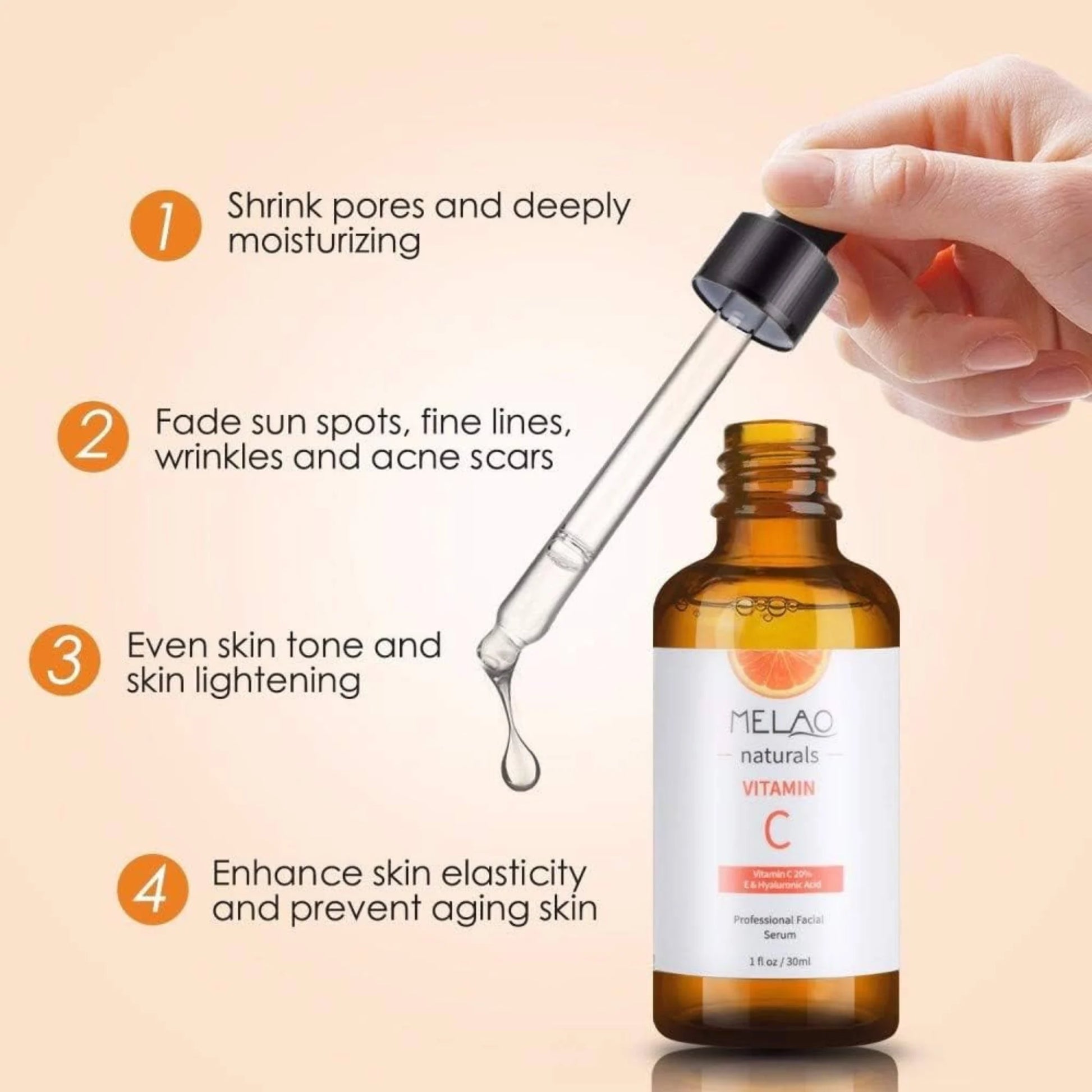 Melao Naturals Vitamin C Facial Serum with Vitamin C 20% E & Hyaluronic Acid